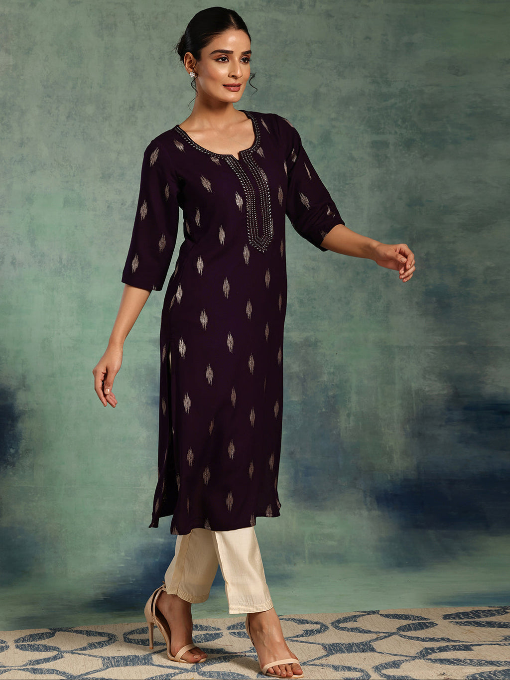 Libas Purple Woven Design Rayon Straight Kurta
