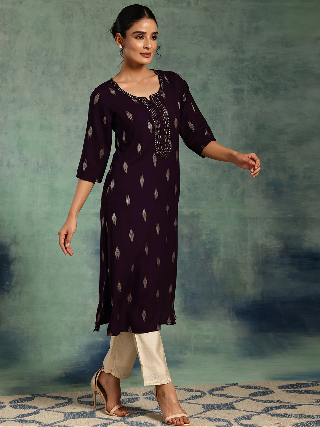 Libas Purple Woven Design Rayon Straight Kurta