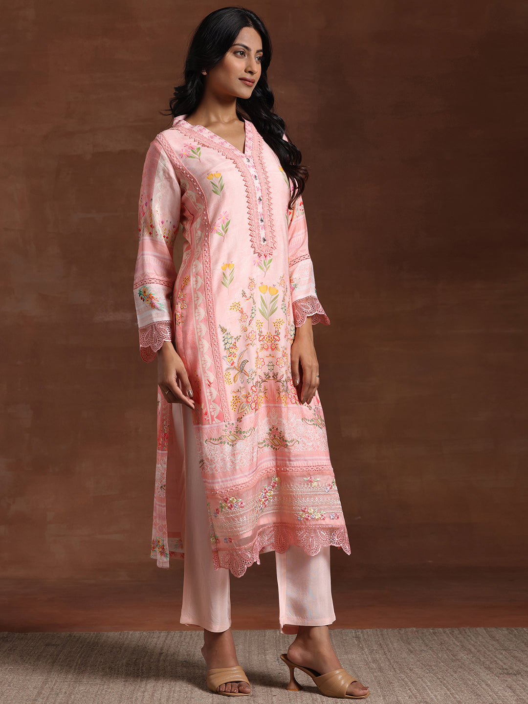 Libas Pink Printed Silk Blend Straight Suit With Dupatta