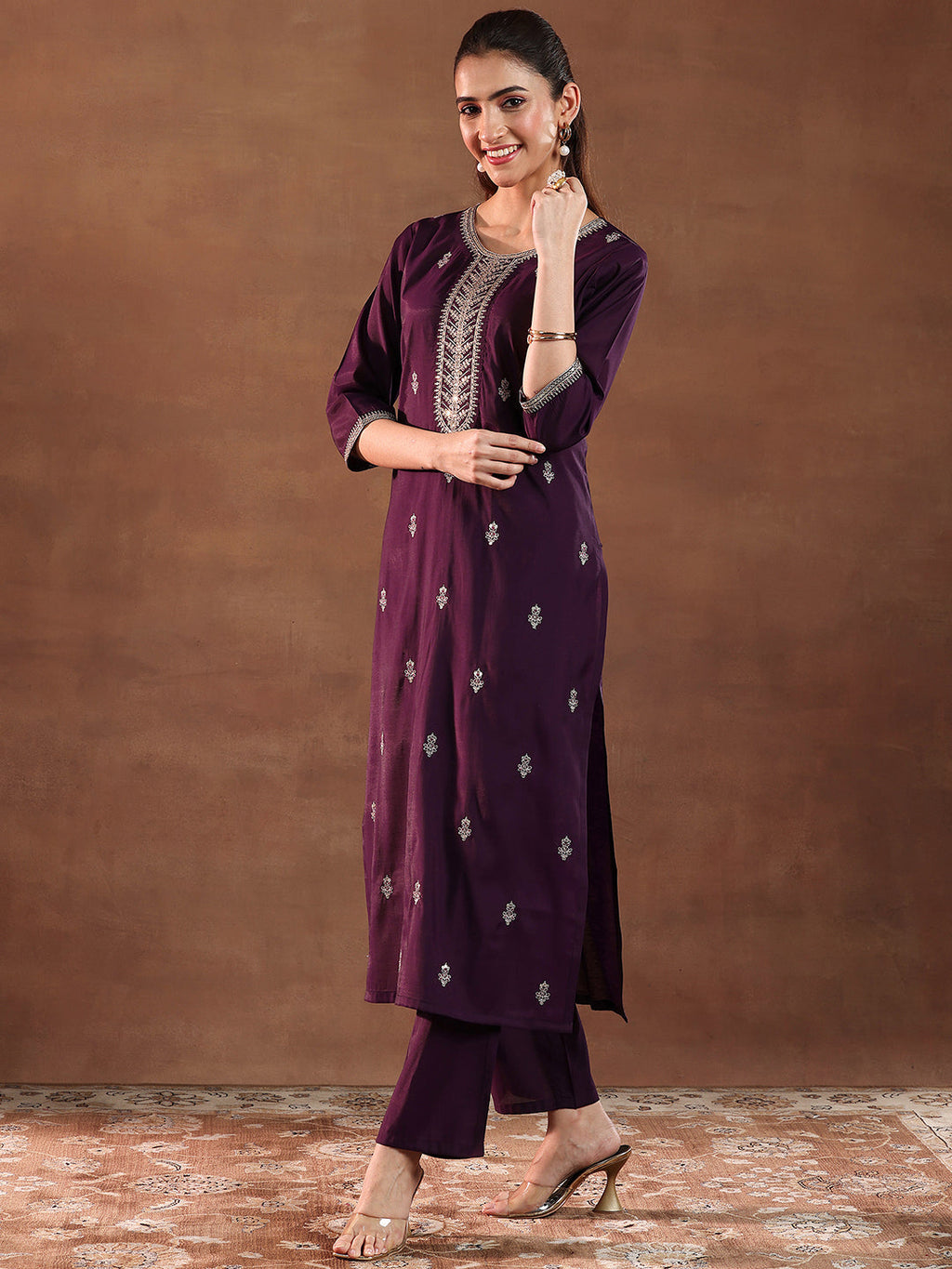 Gerua Wine Embroidered Silk Blend Straight Suit With Dupatta
