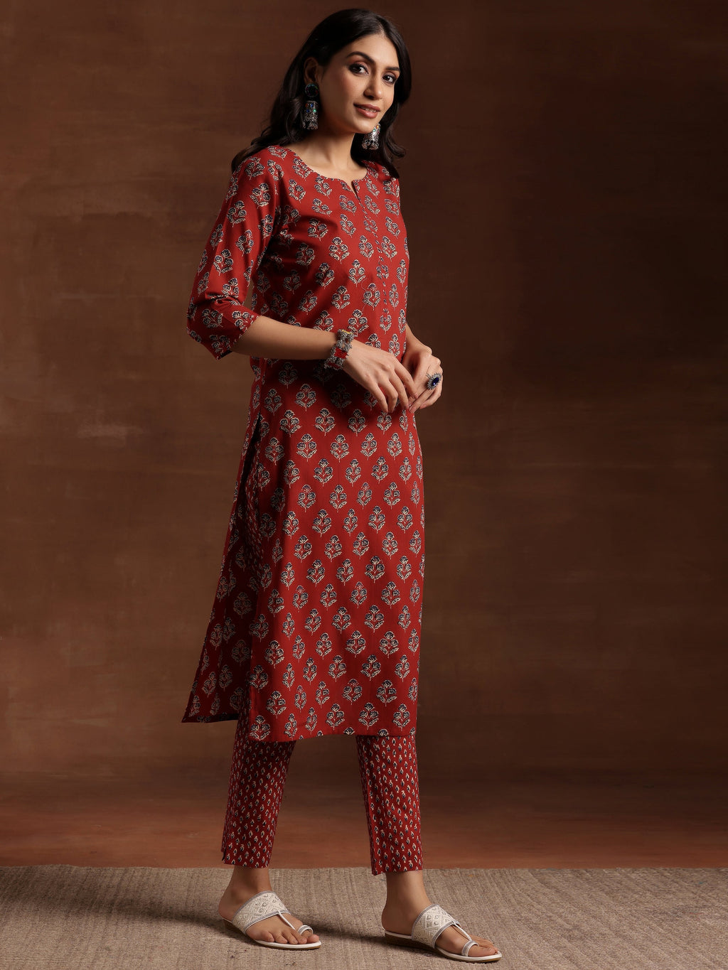 Libas Rust Printed Cotton Straight Suit With Dupatta