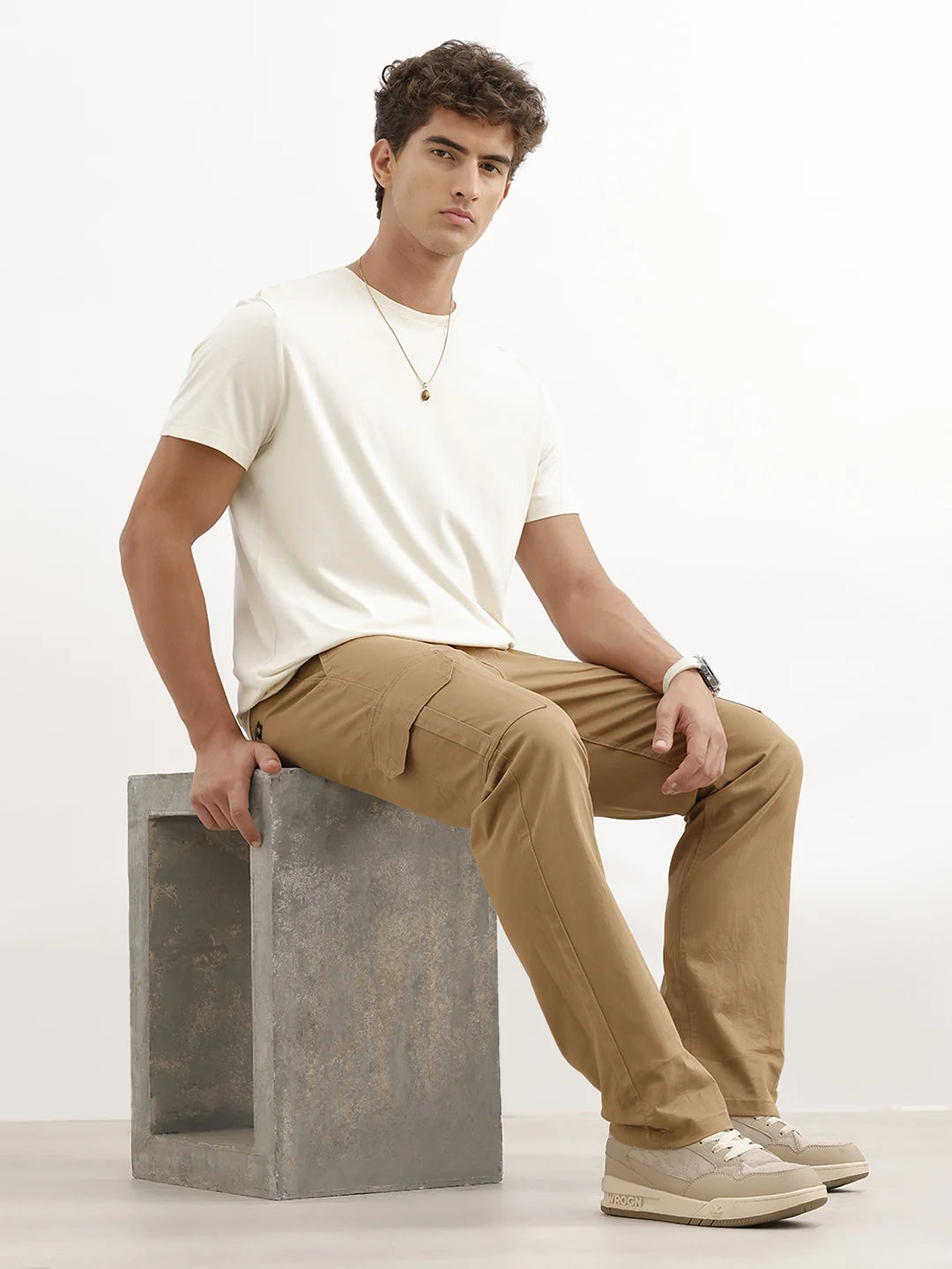 Solid Straight Fit Cargo Trouser | Khaki
