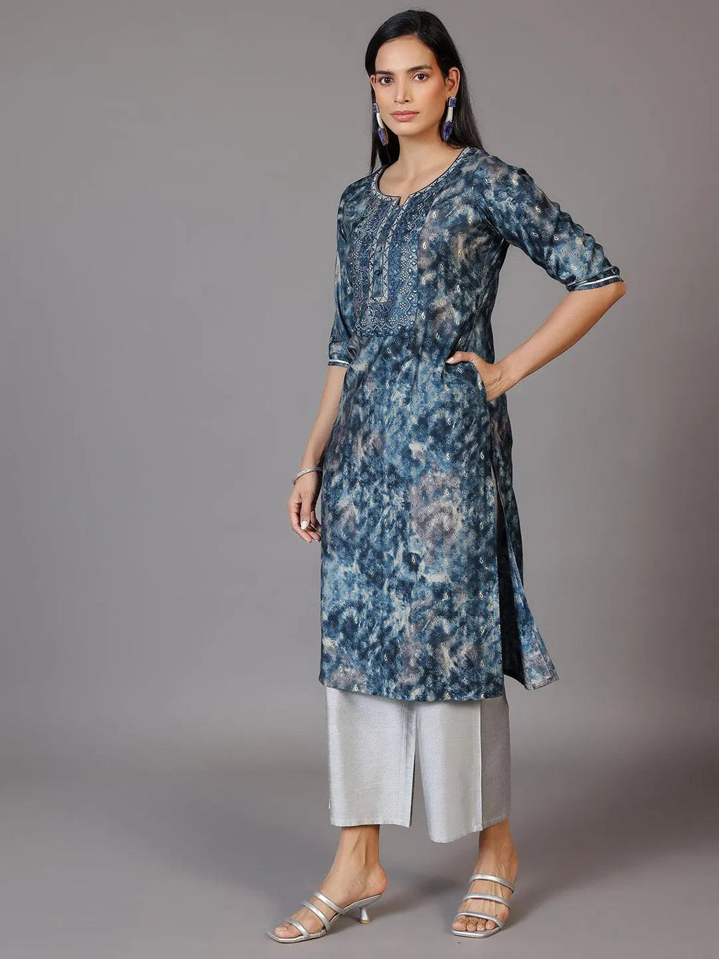 Libas Navy Blue Yoke Design Silk Straight Kurta