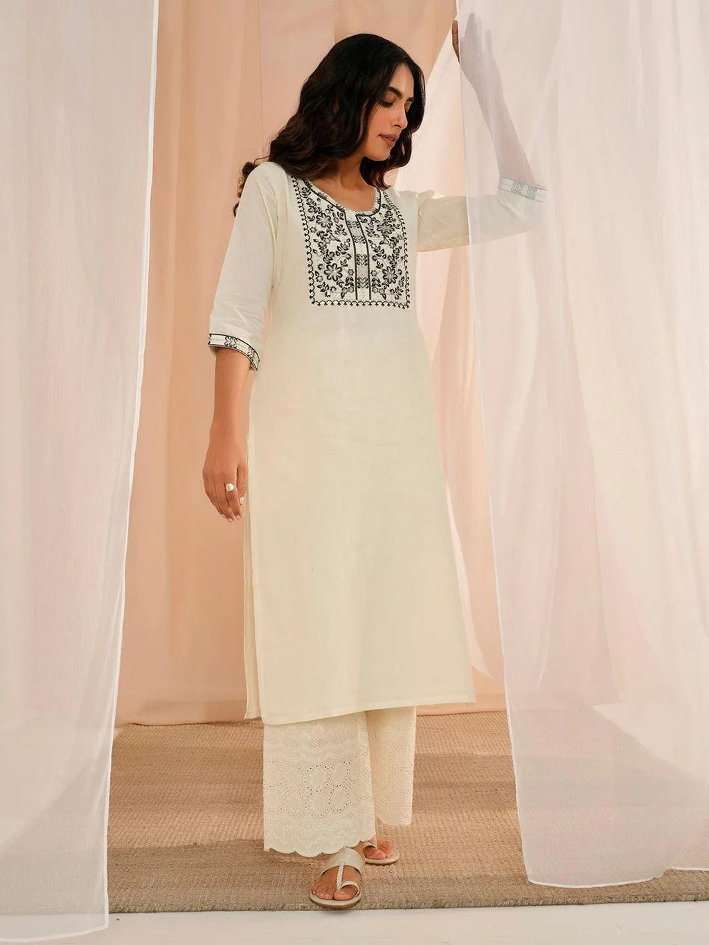 Libas Off White Yoke Design Cotton Straight Kurta