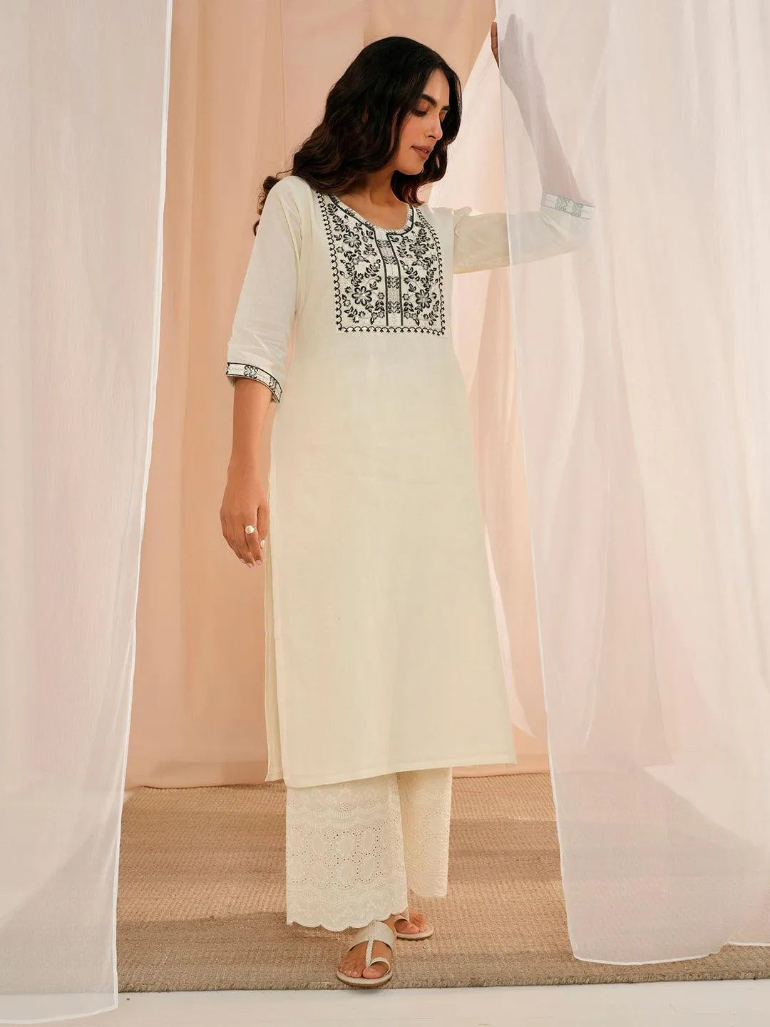 Libas Off White Yoke Design Cotton Straight Kurta