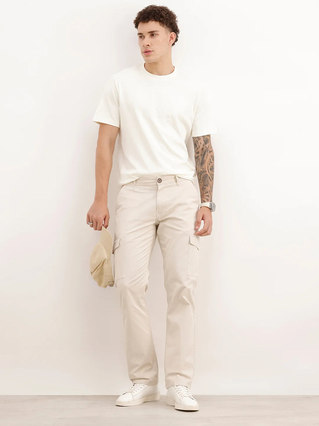 Solid Straight Fit Cargo Trouser | Beige