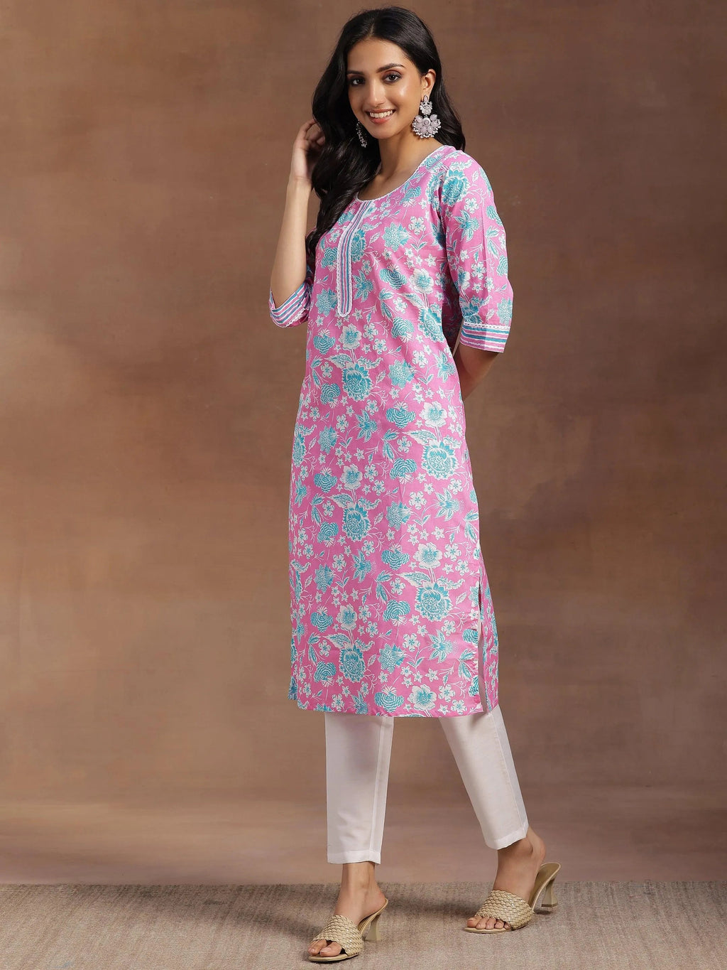 Libas Pink Printed Cotton Straight Kurta