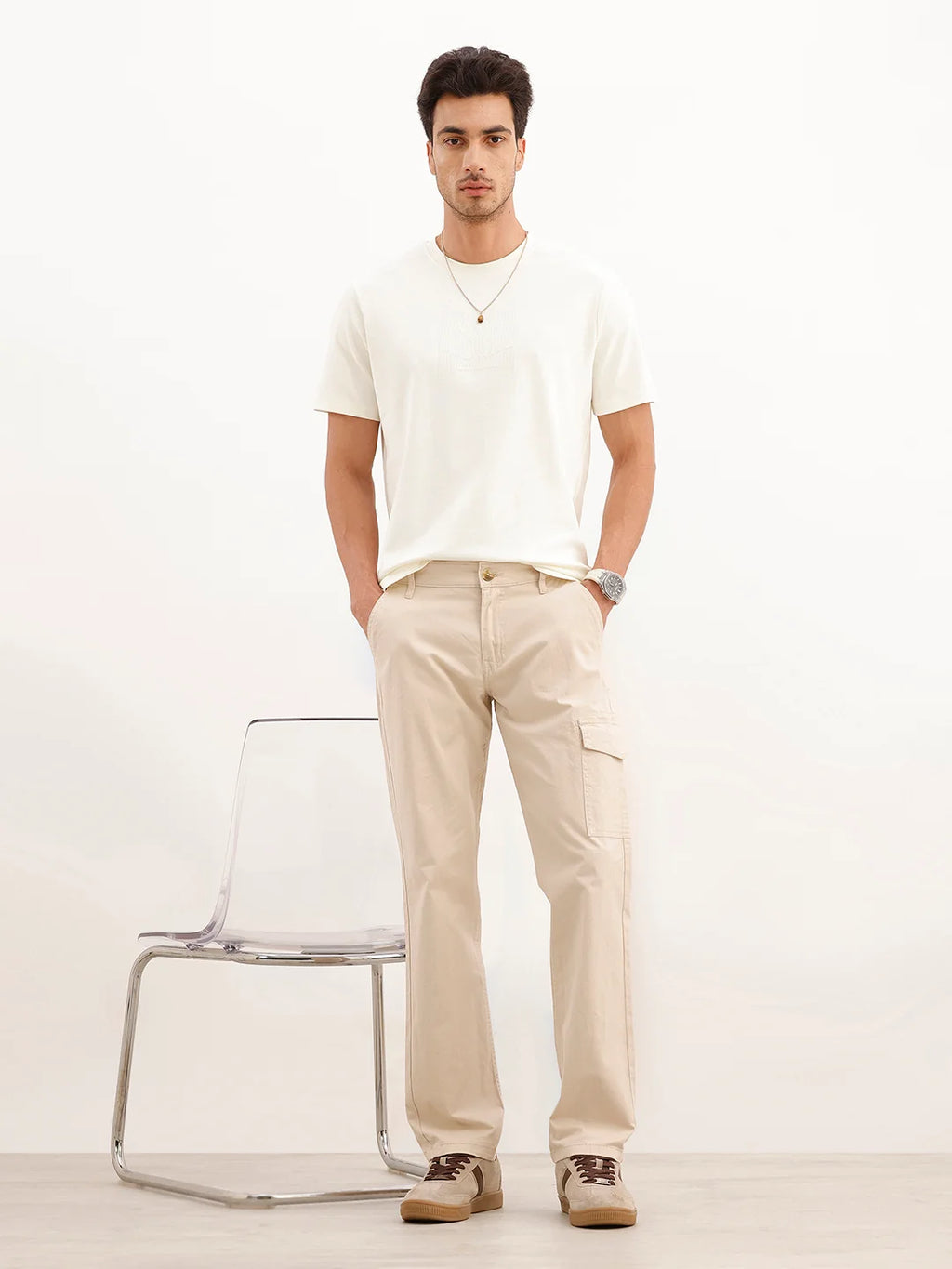 Solid Straight Fit Cargo Trouser | Beige