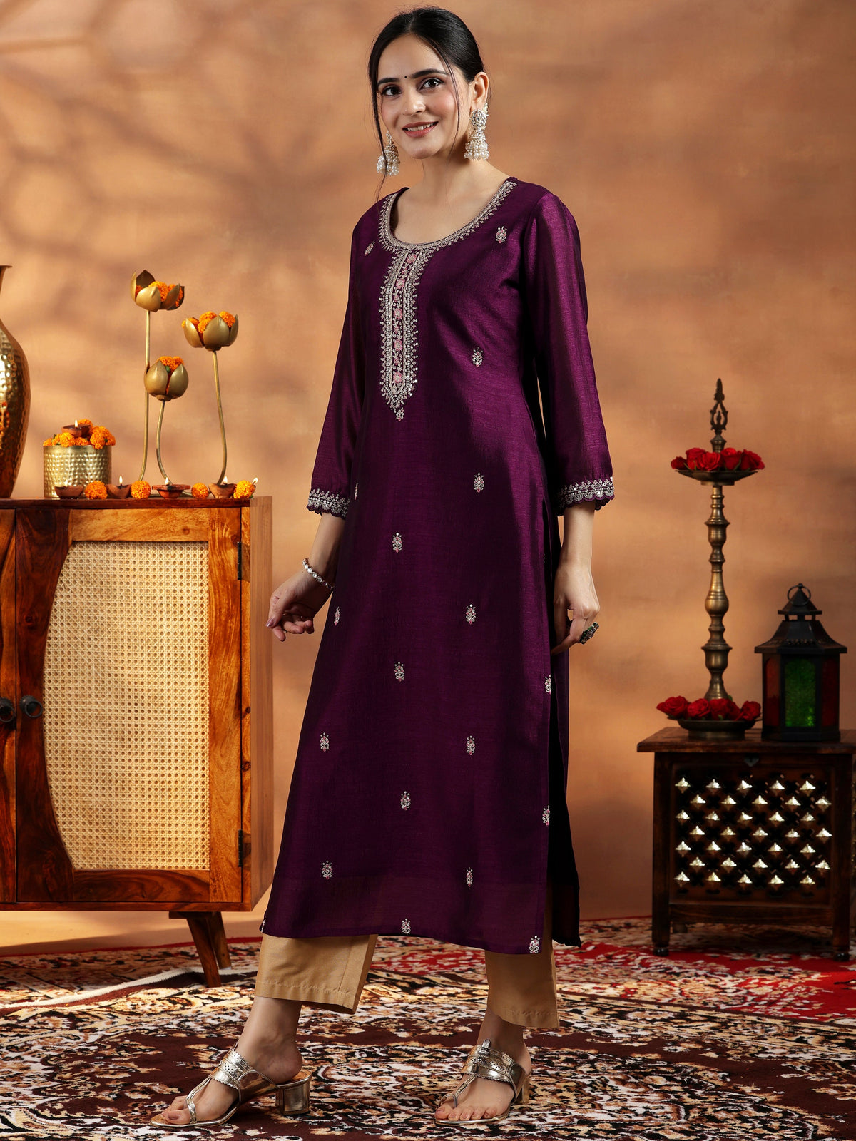 Libas Burgundy Embroidered Silk Straight Kurta