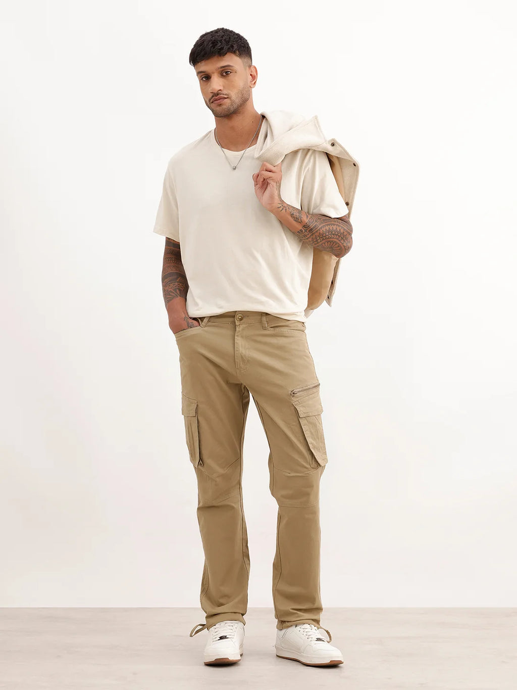 Solid Straight Fit Cargo Trouser | Beige