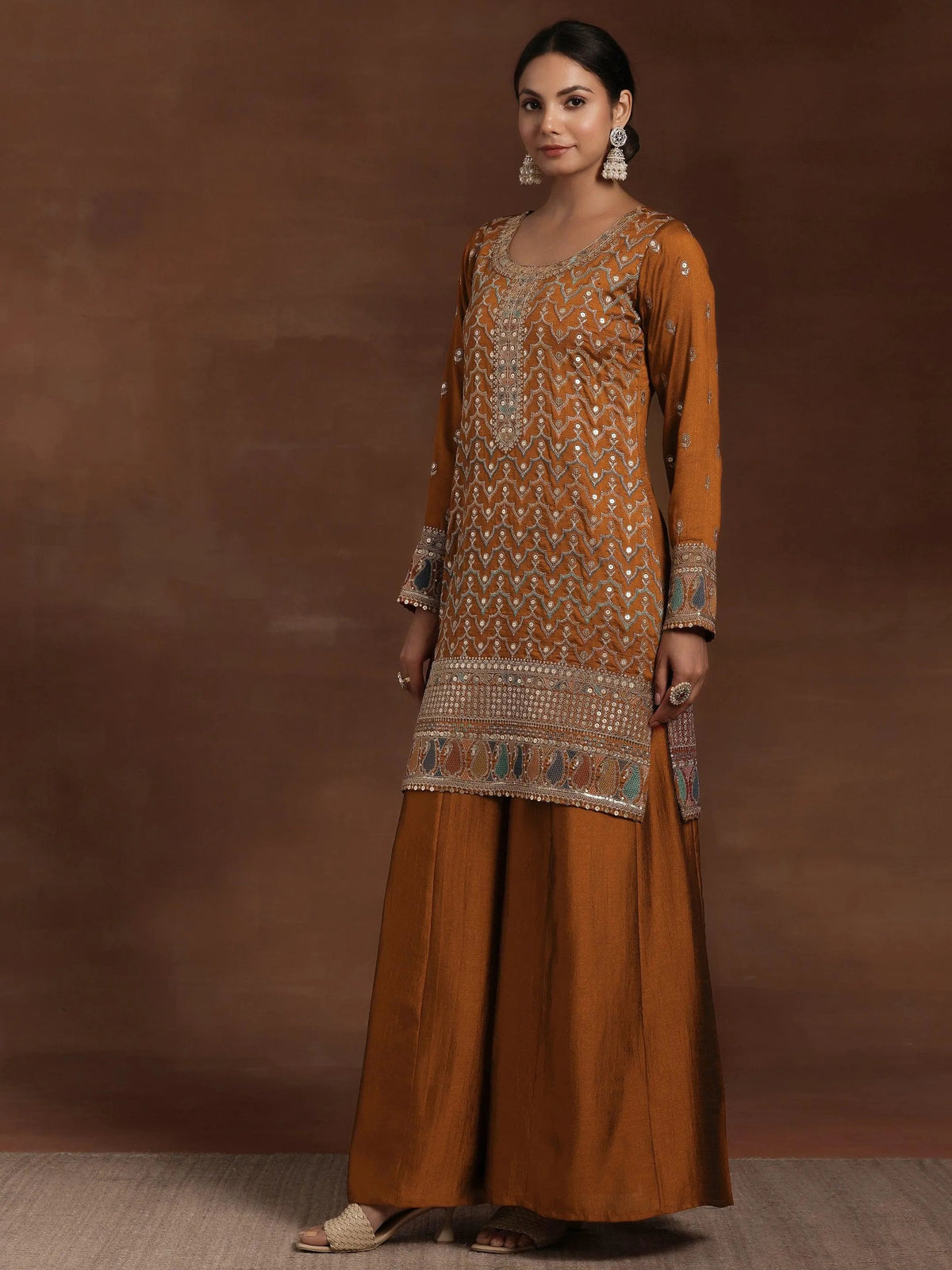 Libas Adaa Rust Embroidered Silk Blend Straight Kurta With Palazzos & Dupatta