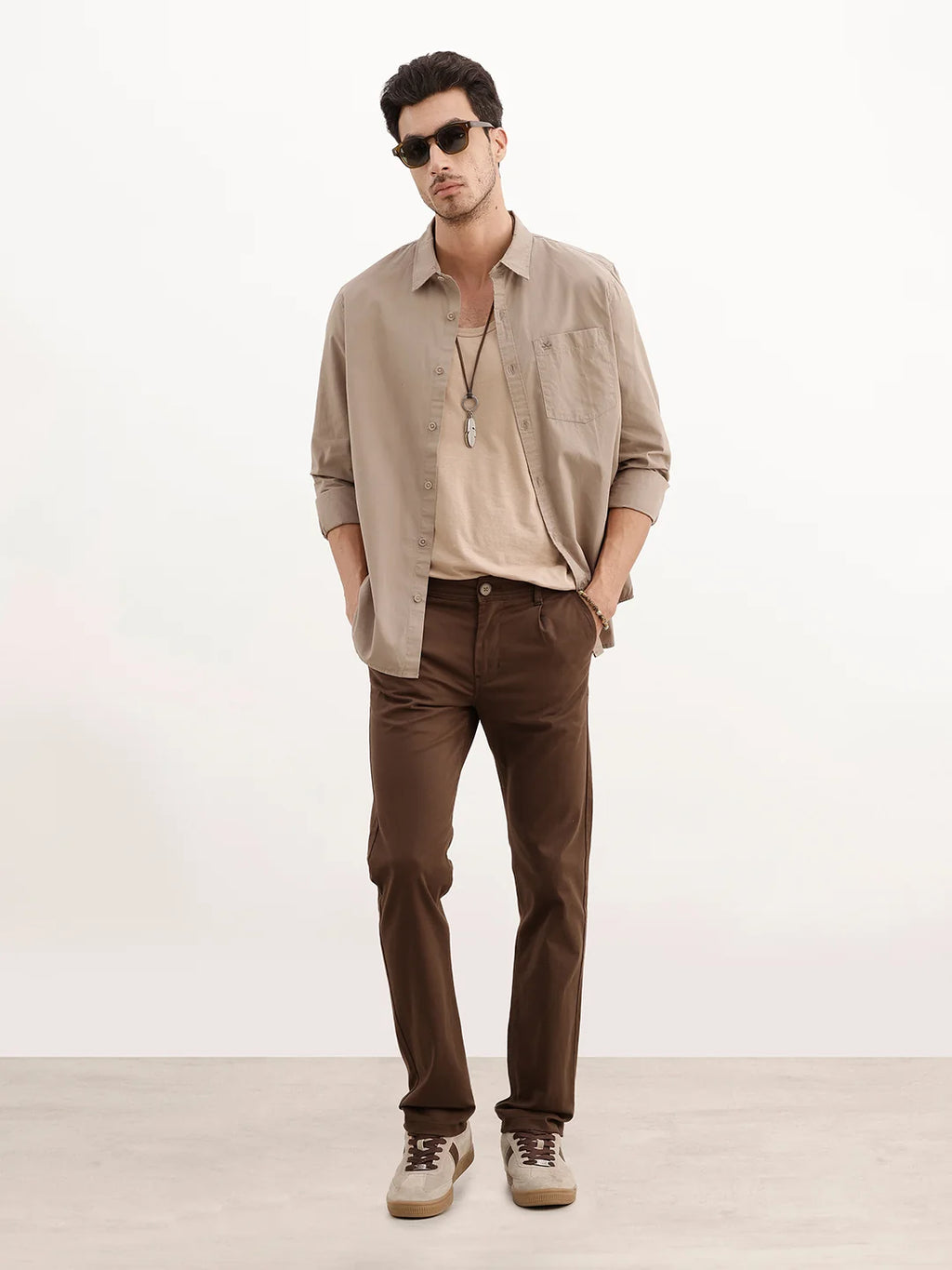 Solid Slim Fit Pleated Trouser | Brown