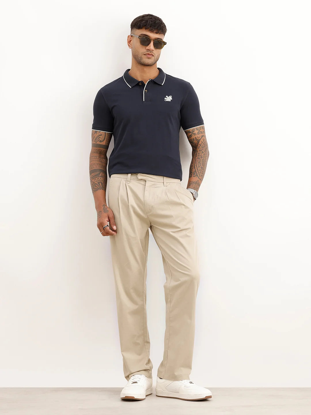 Solid Anti Fit Double Pleated Trouser | Beige