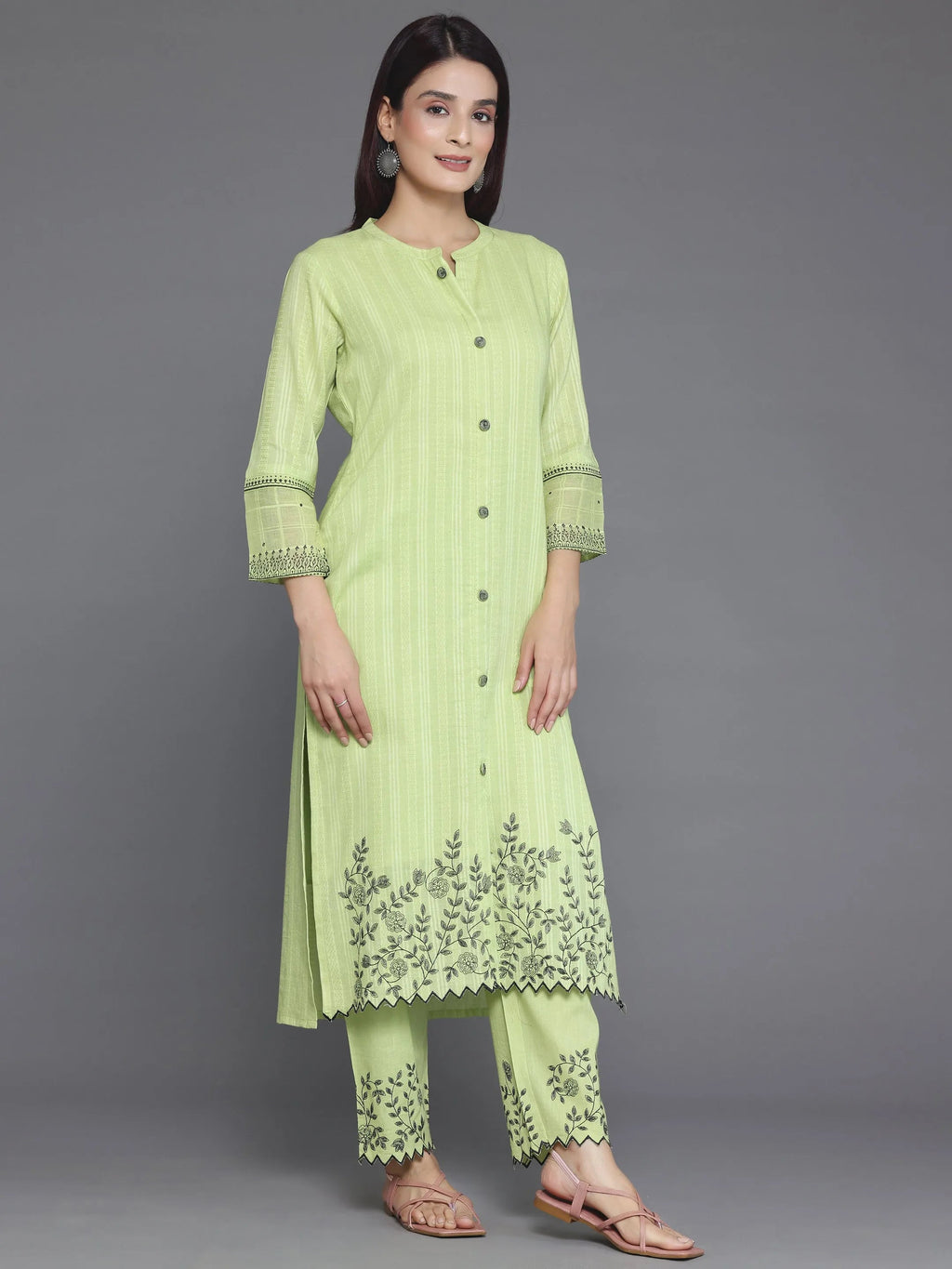Libas Green Woven Design Cotton Straight Suit With Dupatta
