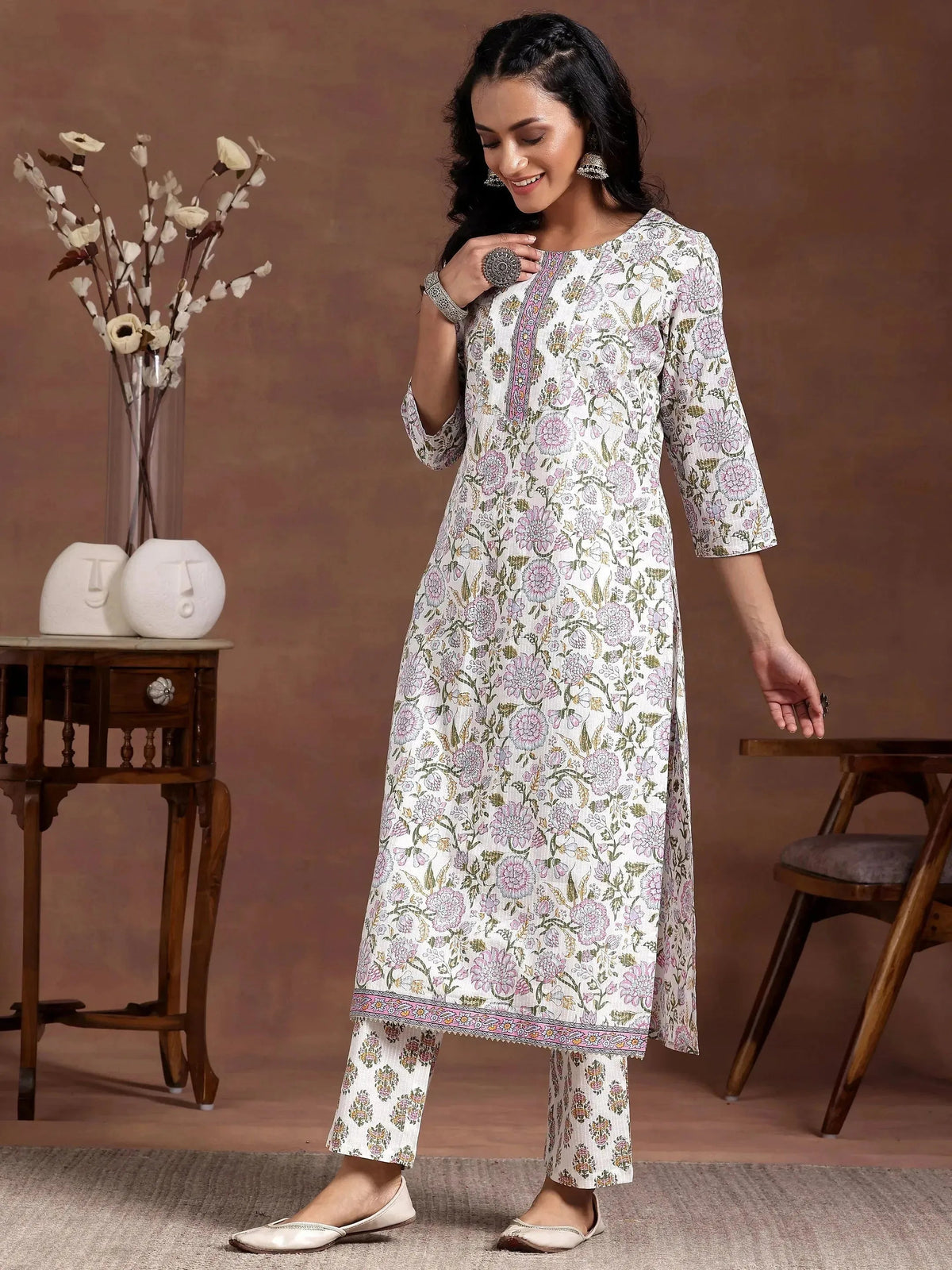 Libas Off White Printed Cotton Straight Kurta Set
