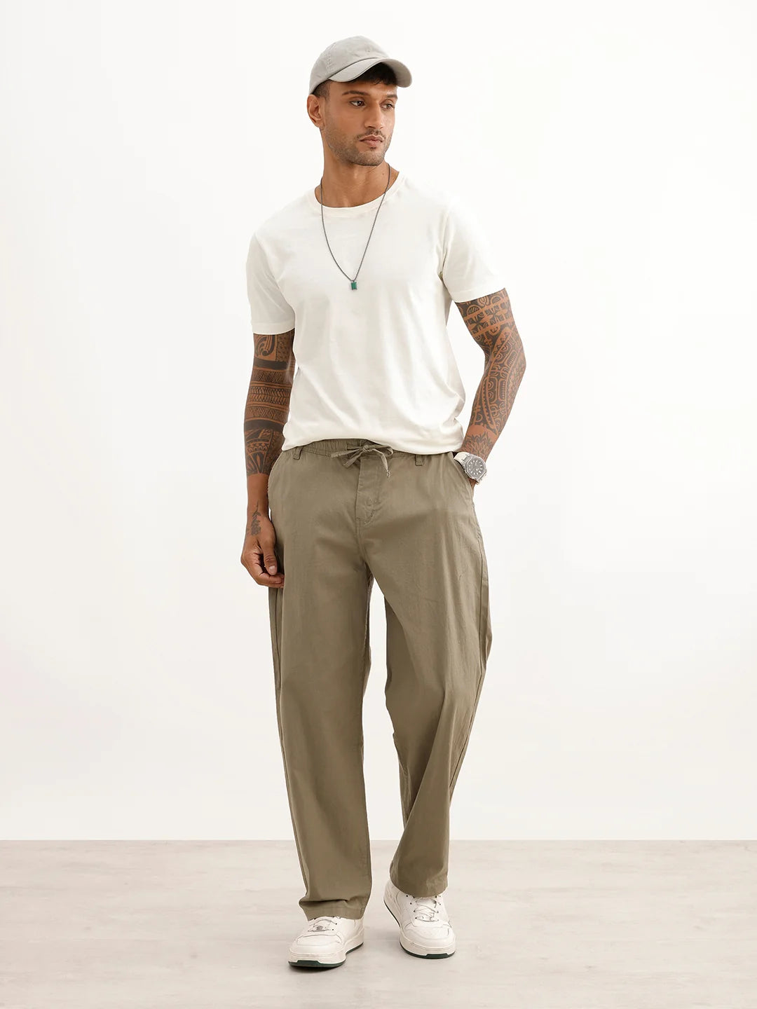 Solid Textured Loose Fit Trouser | Olive