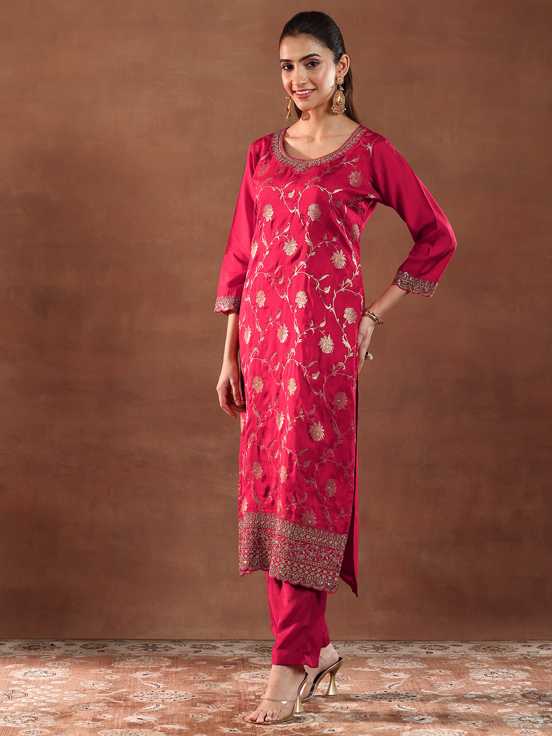 Libas Red Woven Design Silk Blend Straight Suit With Dupatta