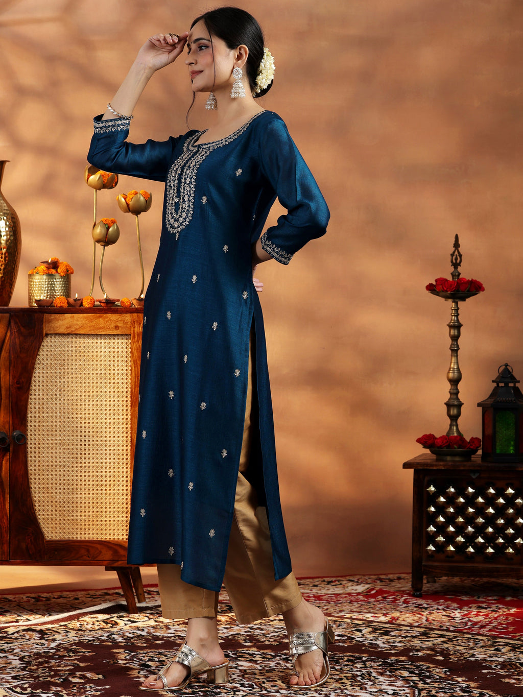 Libas Teal Embroidered Silk Straight Kurta