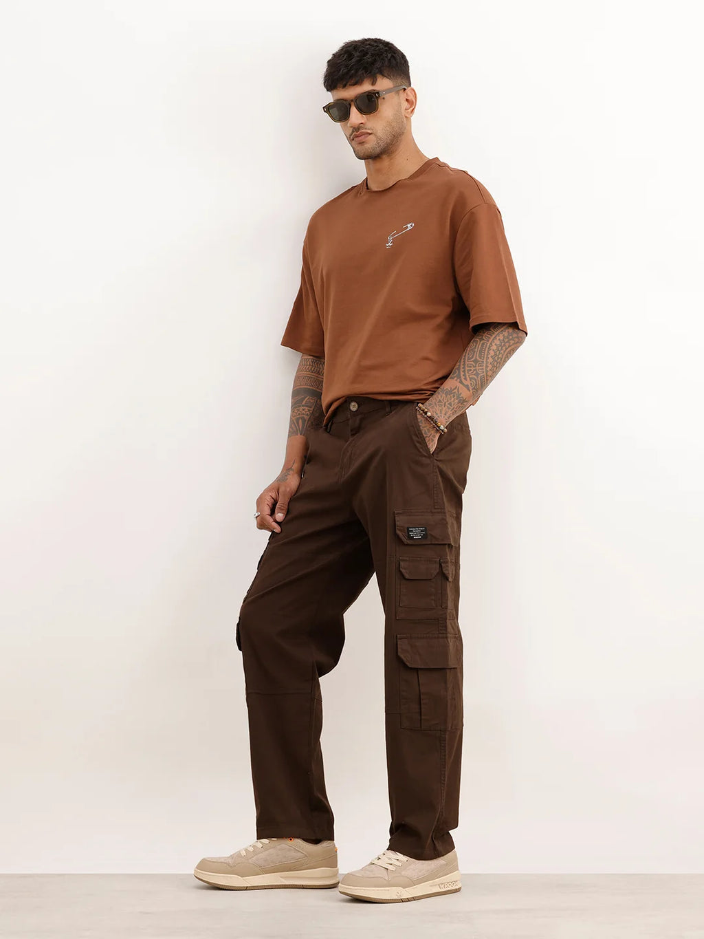 Solid Loose Fit Cargo Trouser | Brown