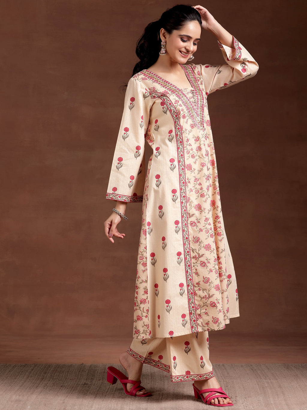 Libas Beige Printed Cotton A-Line Kurta With Palazzos
