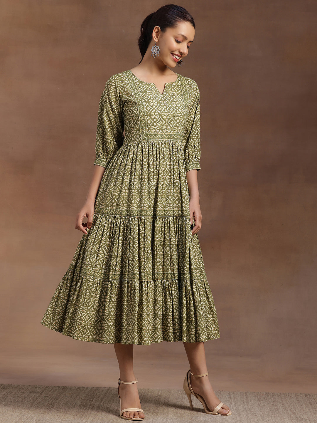 Libas Green Printed Cotton A-Line Dress