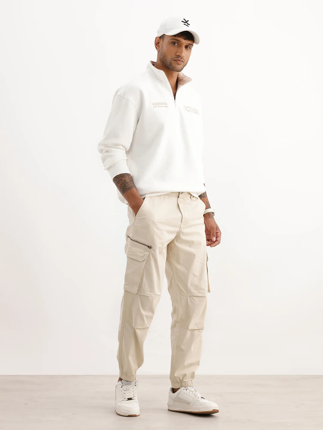 Solid Loose Fit Cargo Trouser | Beige