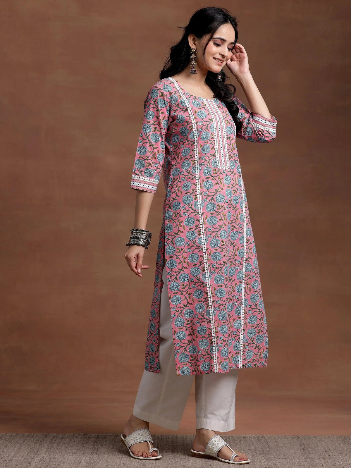 Libas Pink Printed Cotton Straight Kurta
