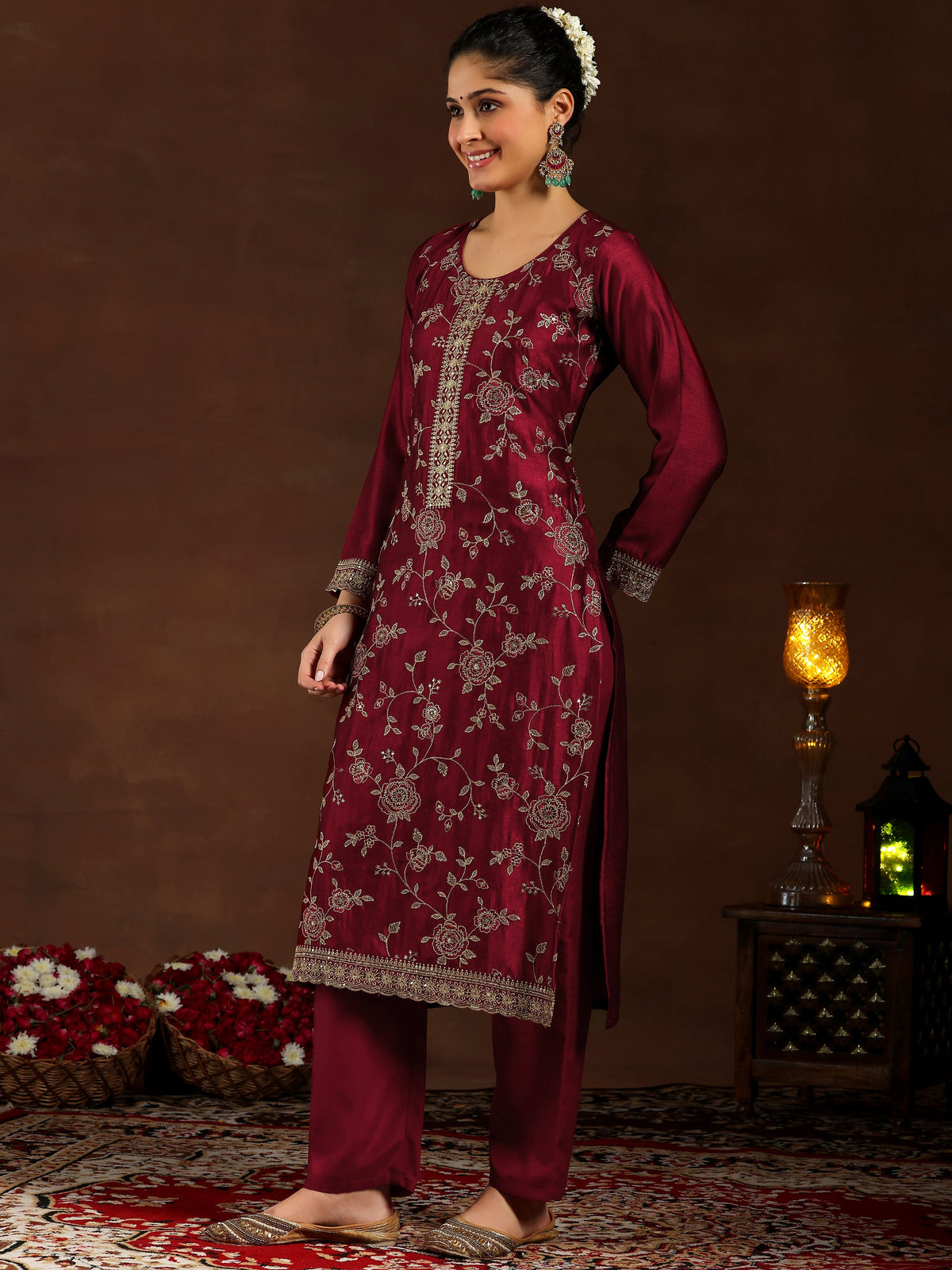 Libas Maroon Embroidered Silk Blend Straight Suit With Dupatta