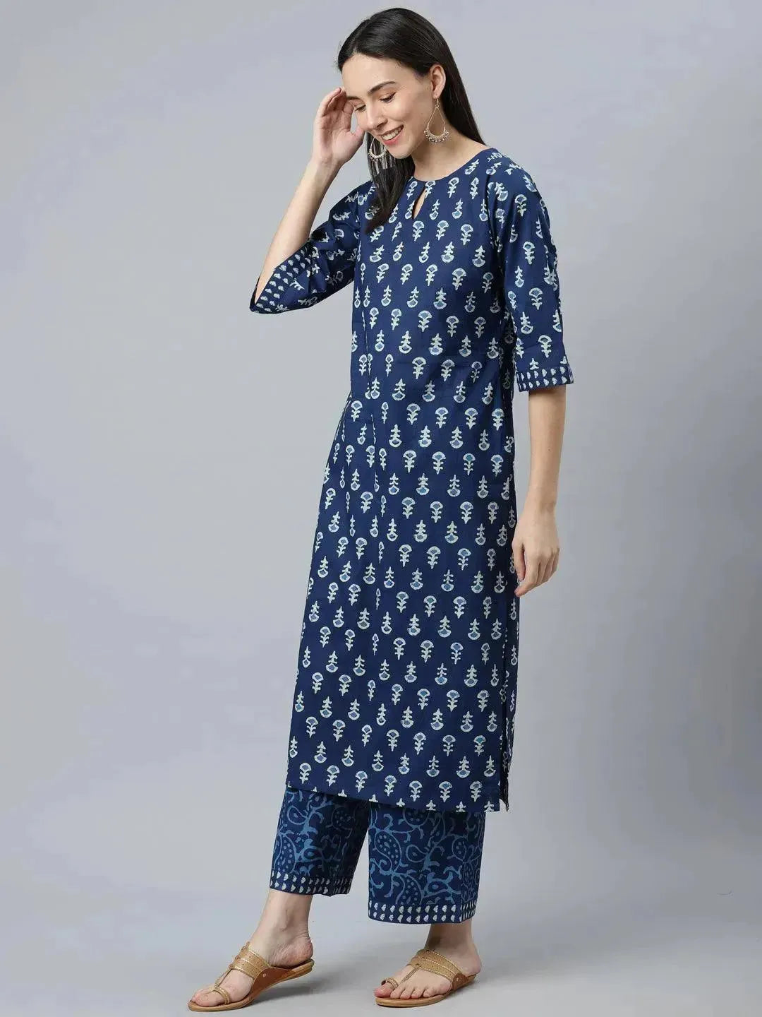 Libas Blue Printed Cotton Straight Suit Set With Dupatta