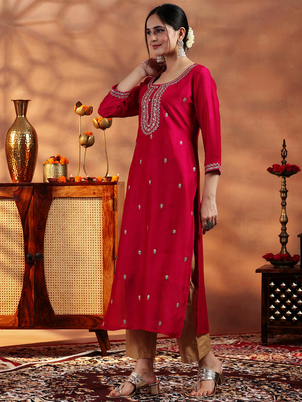 Libas Red Embroidered Silk Straight Kurta