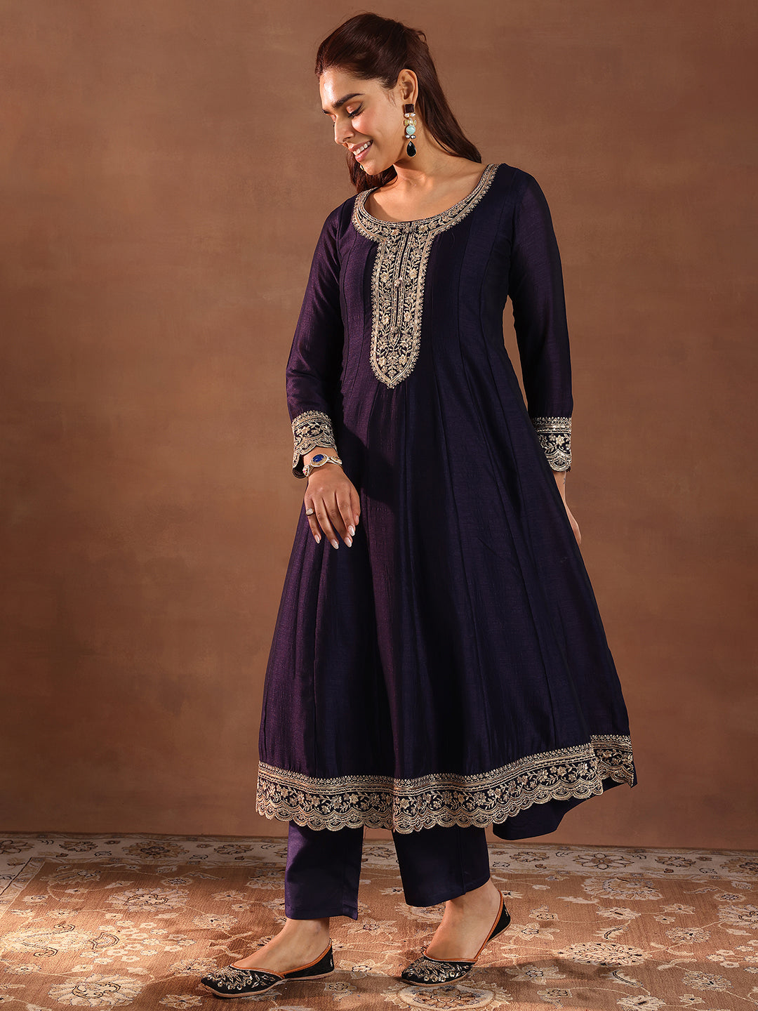 Libas Purple Embroidered Silk Blend Anarkali Suit With Dupatta