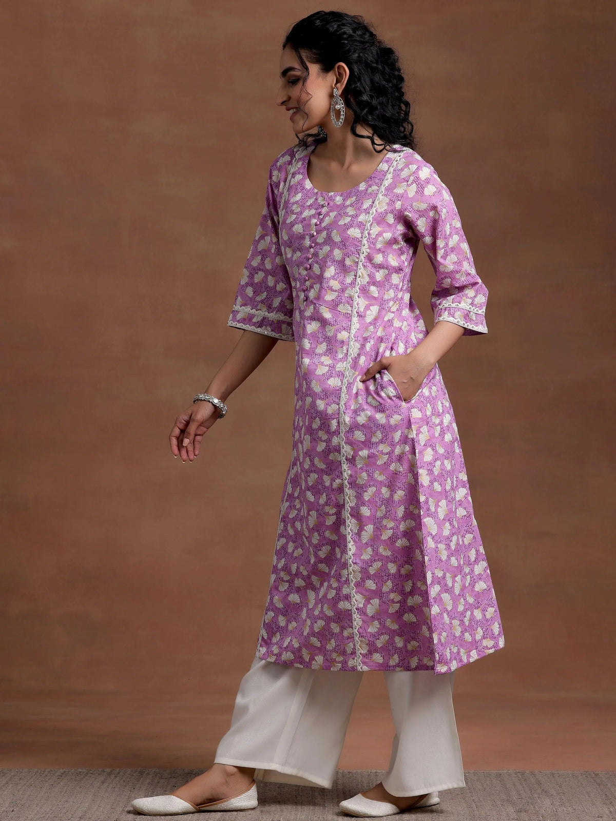 Gerua Purple Printed Cotton Blend A-Line Kurta