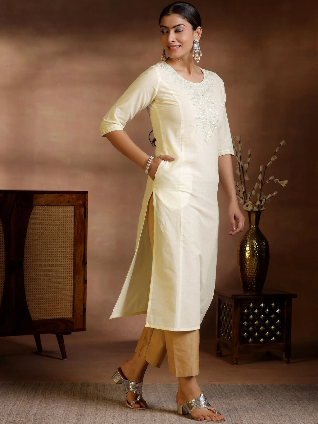 Libas Off White Yoke Design Cotton Straight Kurta