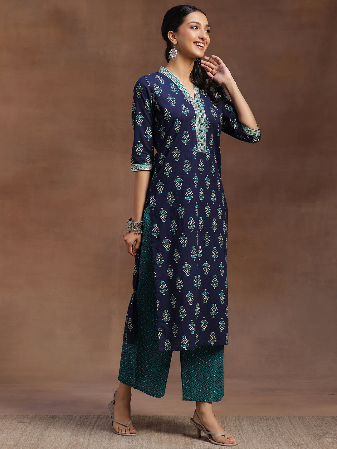 Libas Blue Printed Cotton Straight Suit With Dupatta