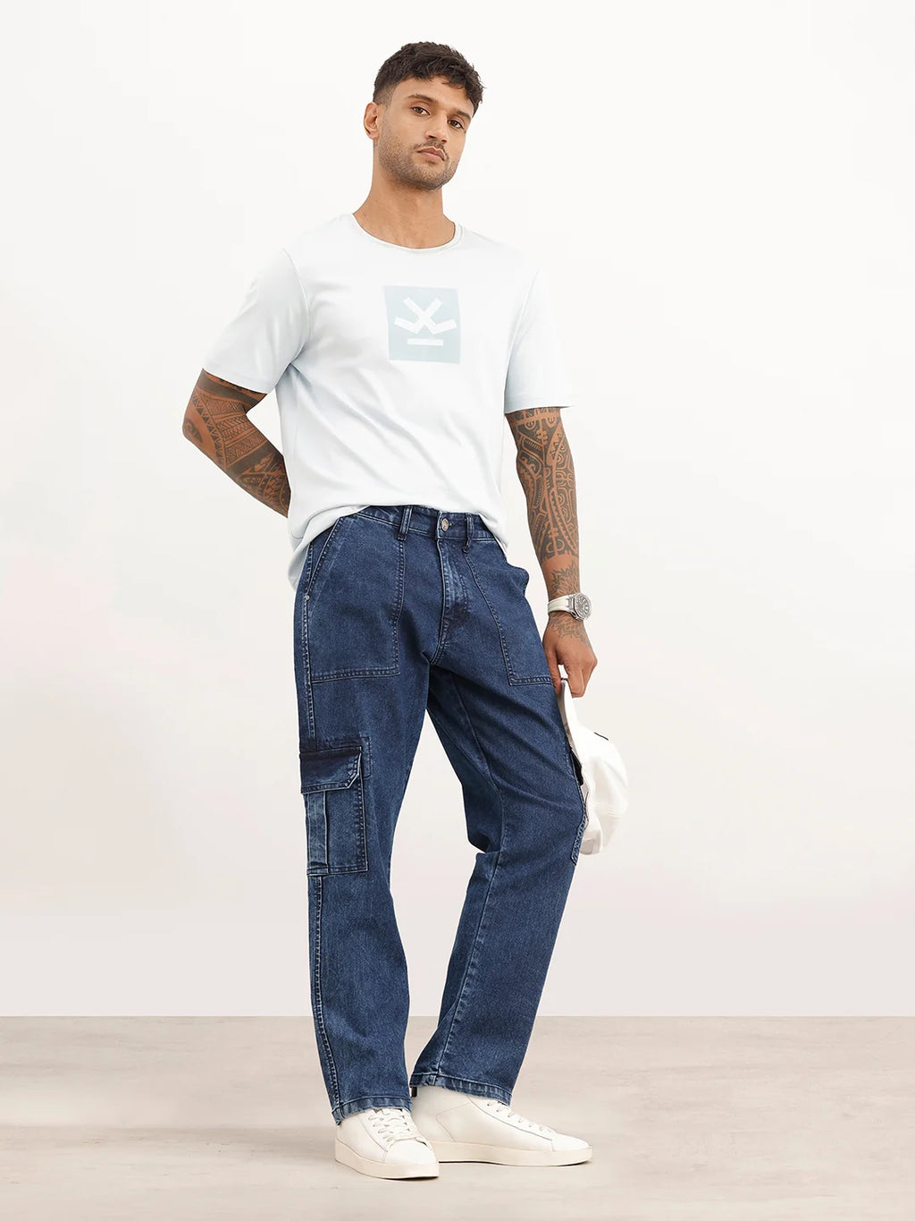 Solid Cargo Fit Denim Jeans | Blue
