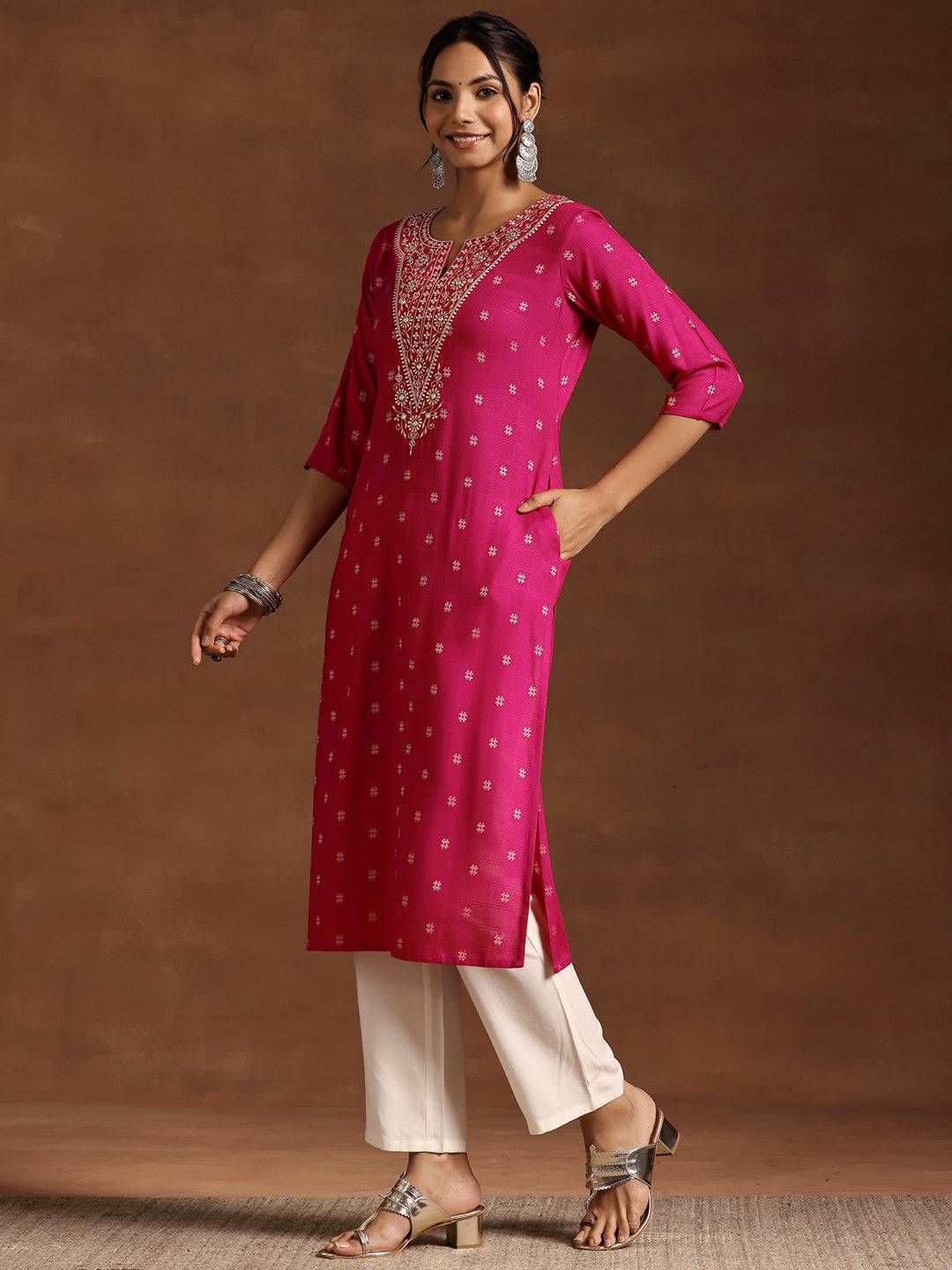 Libas Pink Woven Design Rayon Straight Kurta