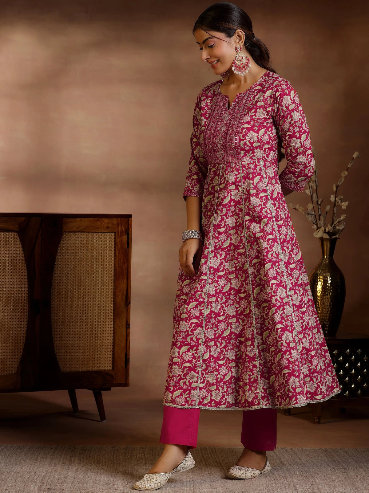 Libas Pink Printed Cotton Anarkali Kurta Set