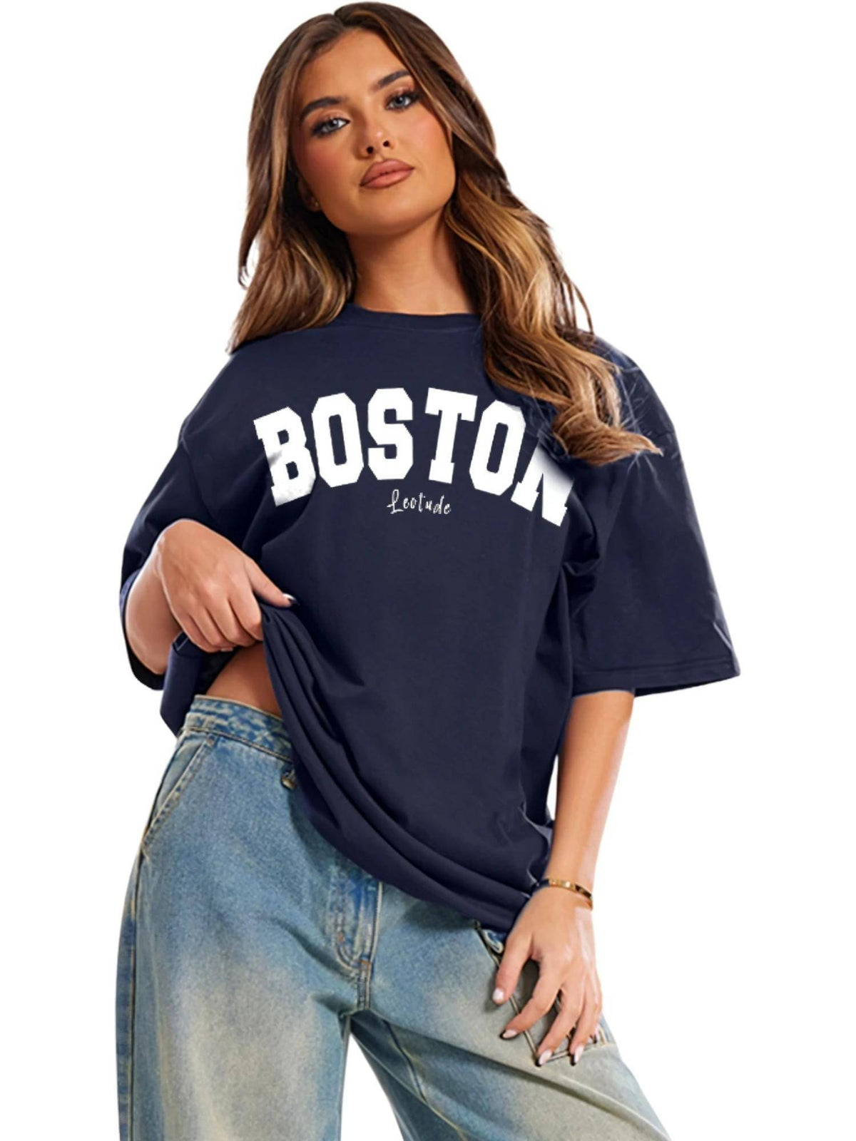 Printed Womens Round Neck Navy Blue T-Shirt | TS56 - view 1