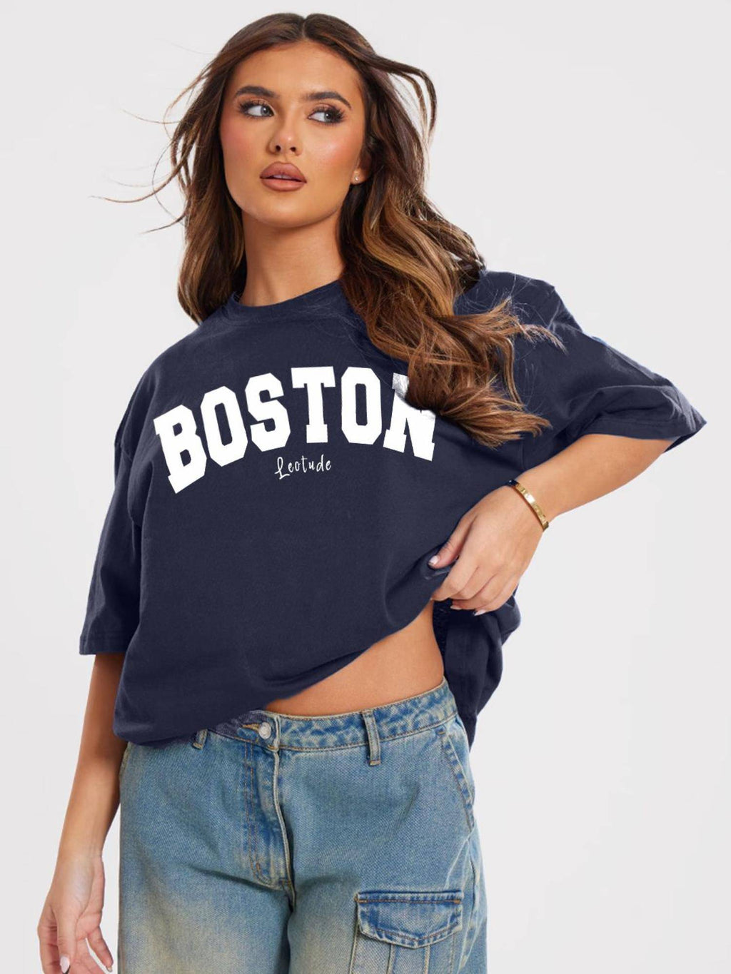 Printed Womens Round Neck Navy Blue T-Shirt | TS56 - view 2