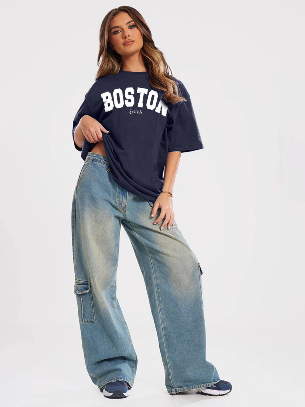 Printed Womens Round Neck Navy Blue T-Shirt | TS56 - view 4