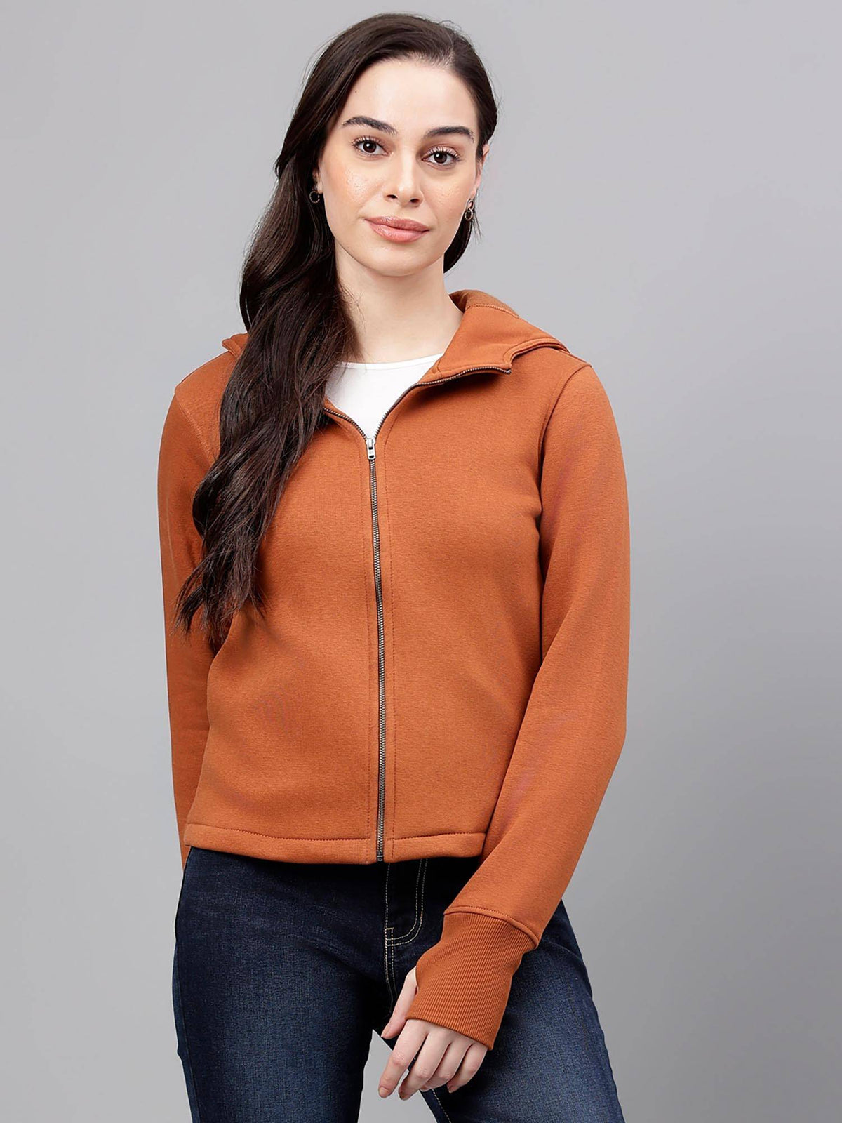 Women Brown Solid Hooded Sweatshirt | HD56 - view 2