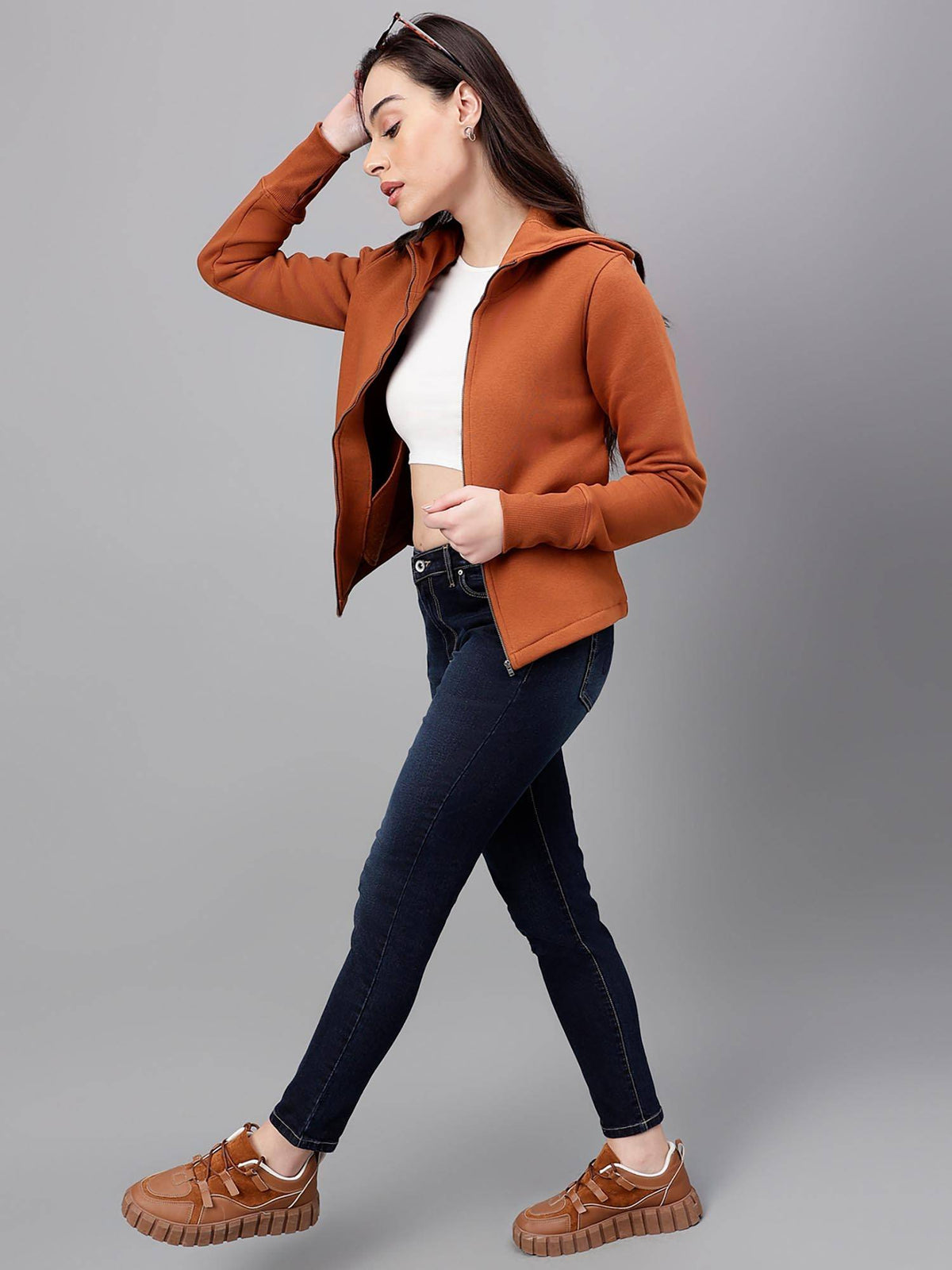 Women Brown Solid Hooded Sweatshirt | HD56 - view 4