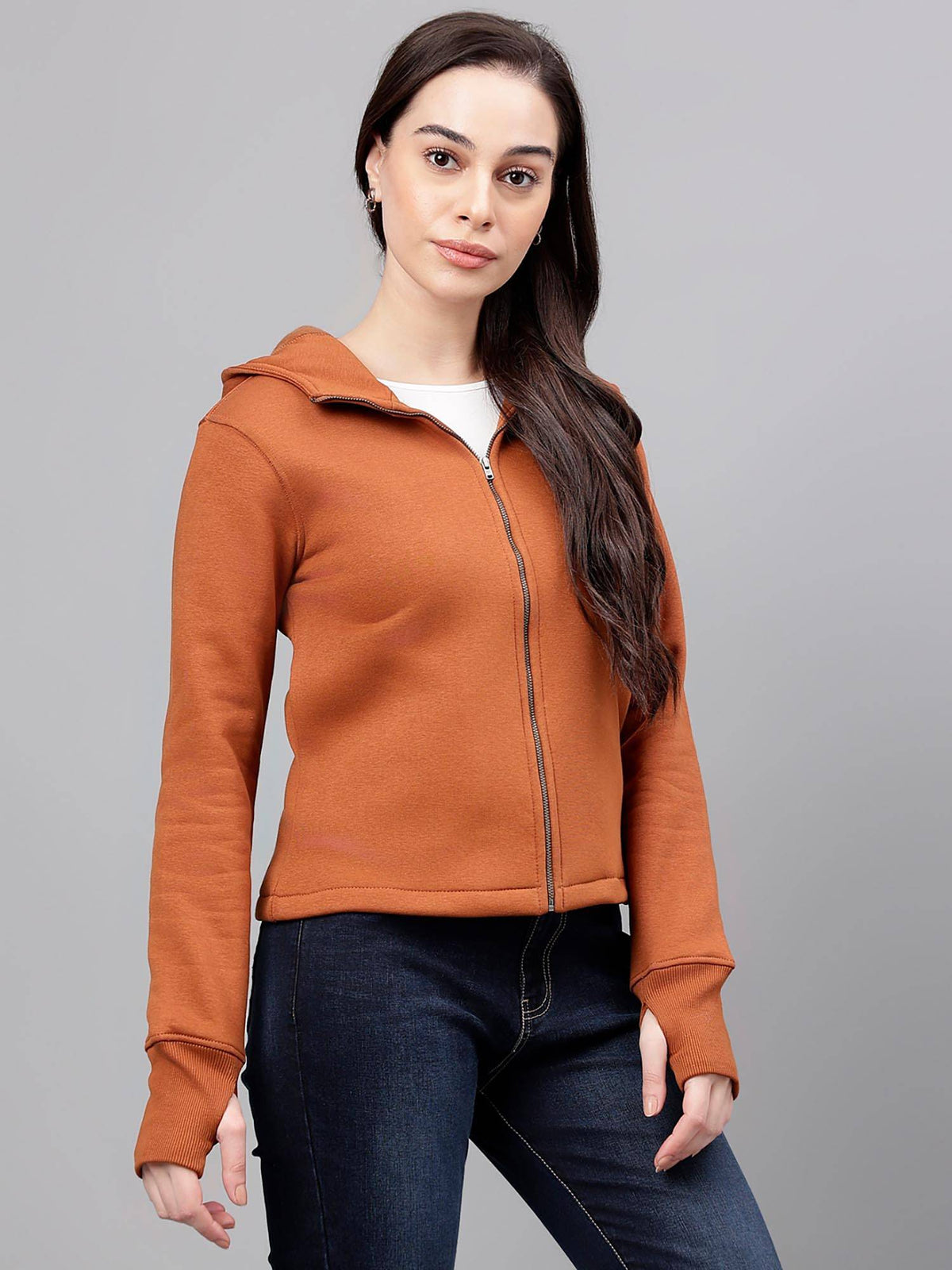 Women Brown Solid Hooded Sweatshirt | HD56 - view 5