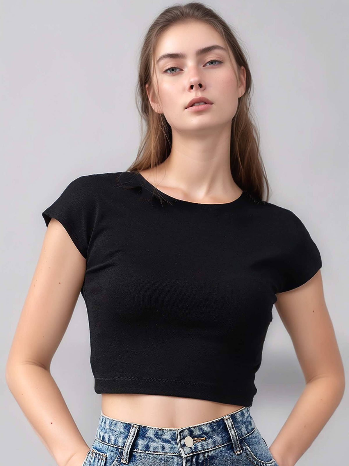 Women Cotton Fitted Crop Top - Black | CT61 - view 1