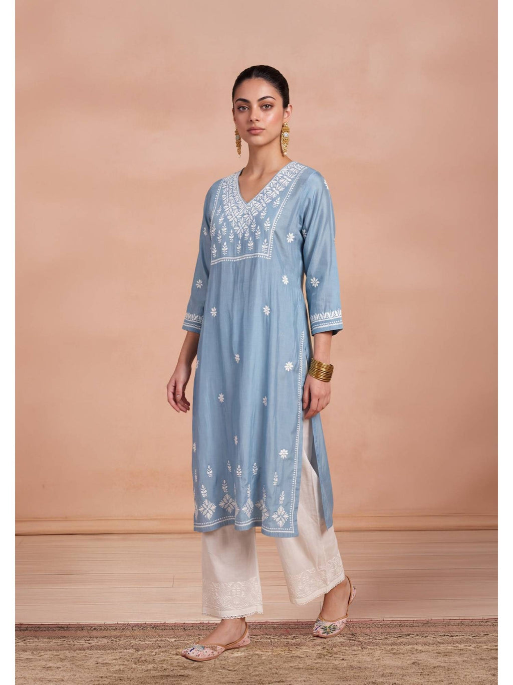 Women's Chanderi Long Kurta - Blue | FY93 - view 2