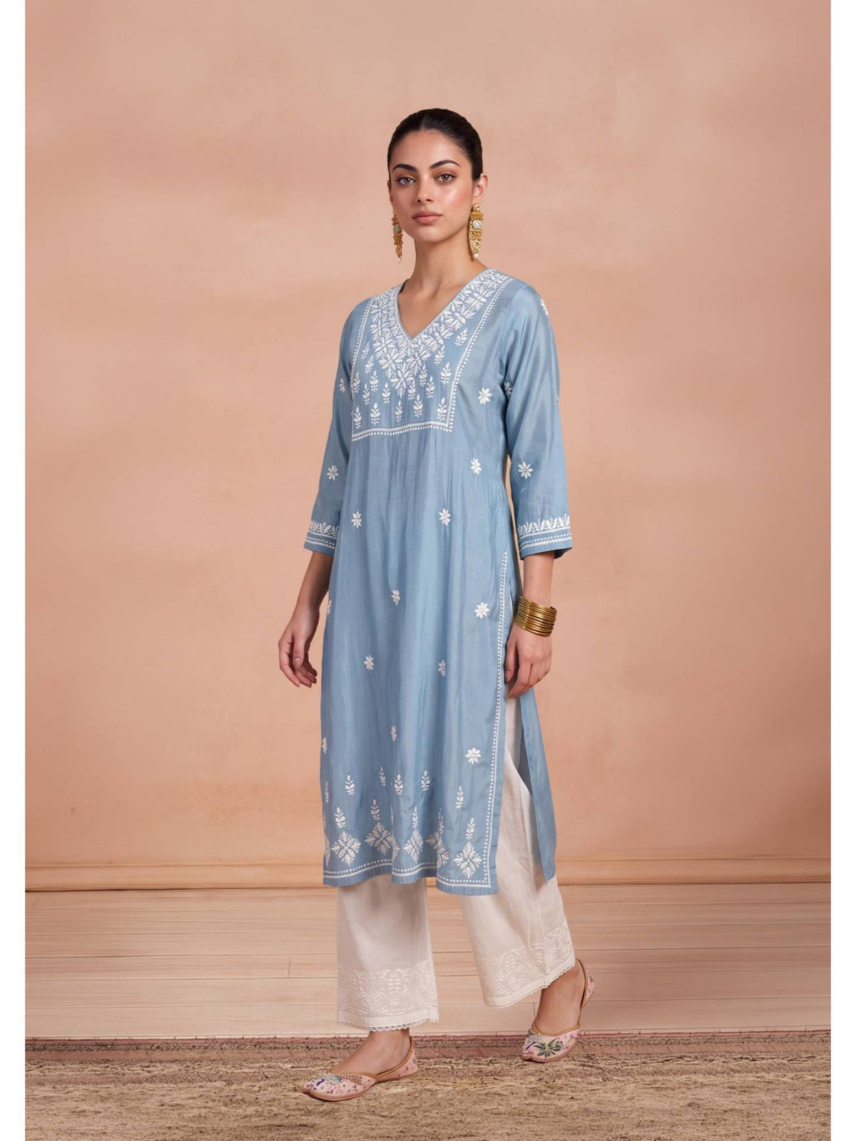 Women's Chanderi Long Kurta - Blue | FY93 - view 2