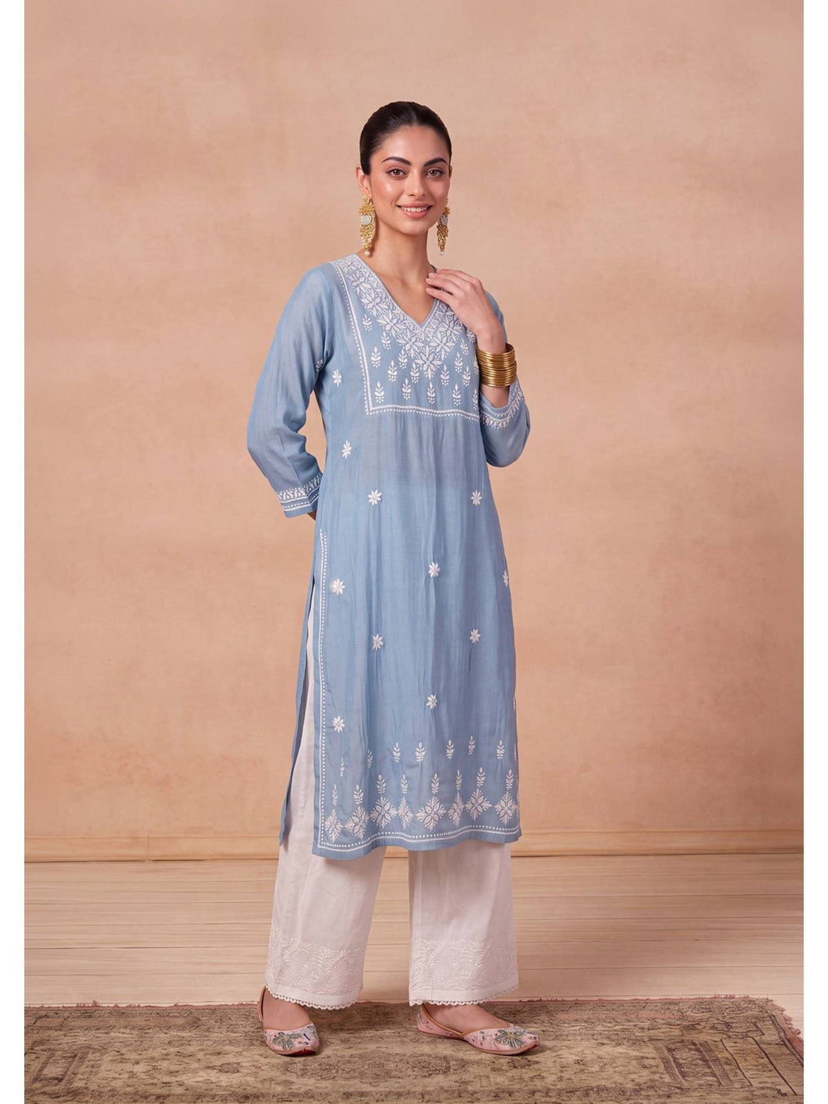 Women's Chanderi Long Kurta - Blue | KDG - view 3