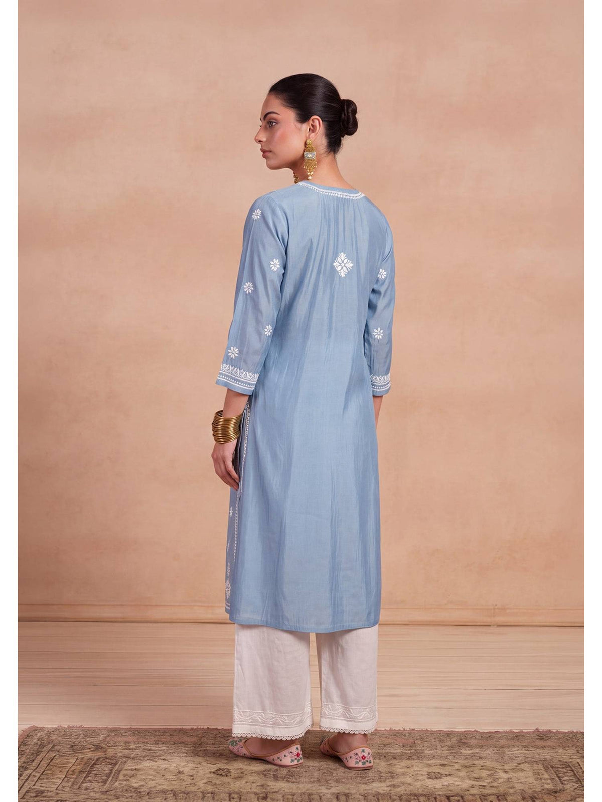 Women's Chanderi Long Kurta - Blue | U3S - view 5