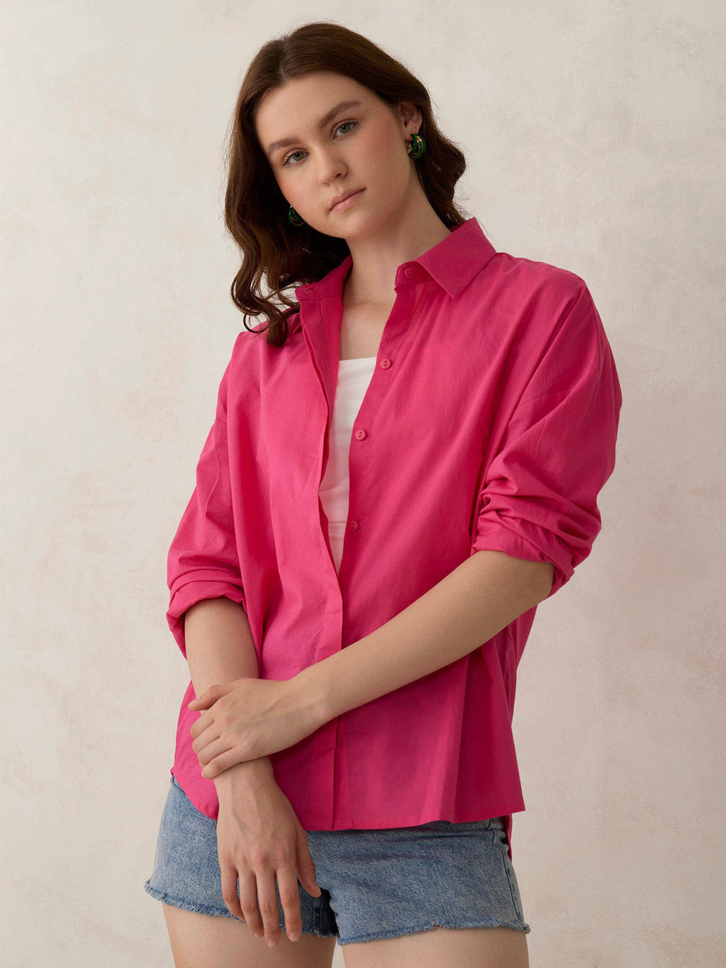 Pink Cotton Solid Oversized Street Style Shirt | S67 - view 1