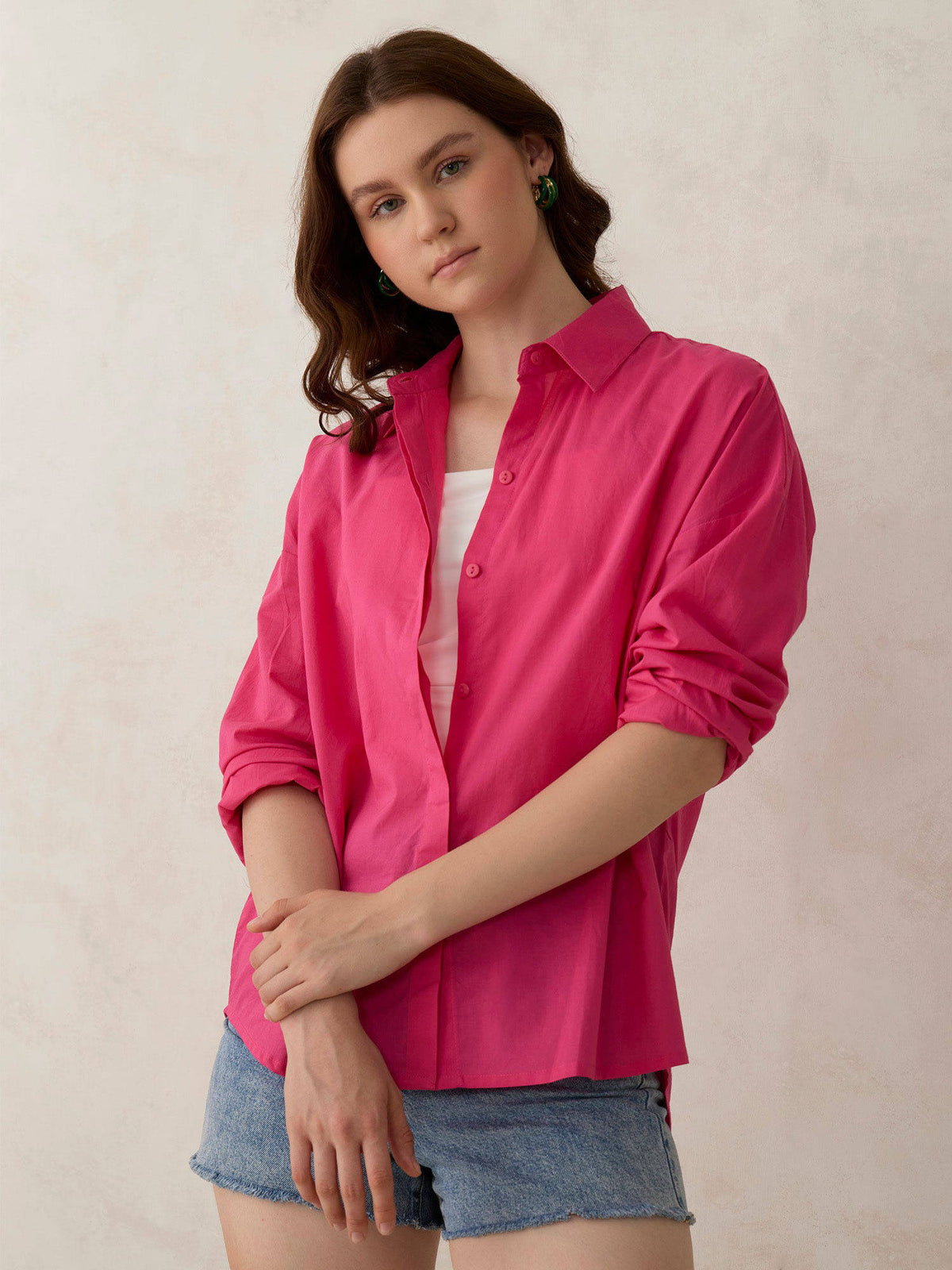 Pink Cotton Solid Oversized Street Style Shirt | S67 - view 1